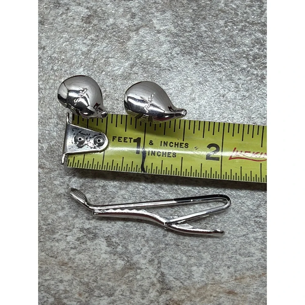 Hickok USA Vintage Silver Tone Golf Club Cufflinks and Tie Clip Set Mens Jewelry